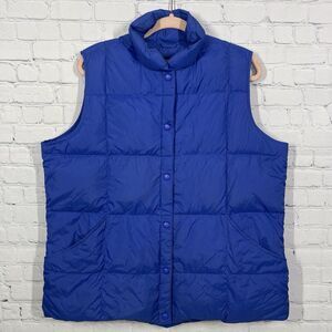 Lands End Puffer Jacket Women 1X Down Vest Blue Quilted Sleeveless Goose Feather